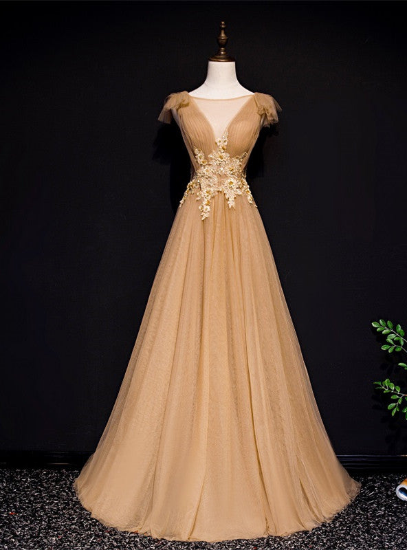 Gold Tulle Pleats Appliques Backless Prom Dress