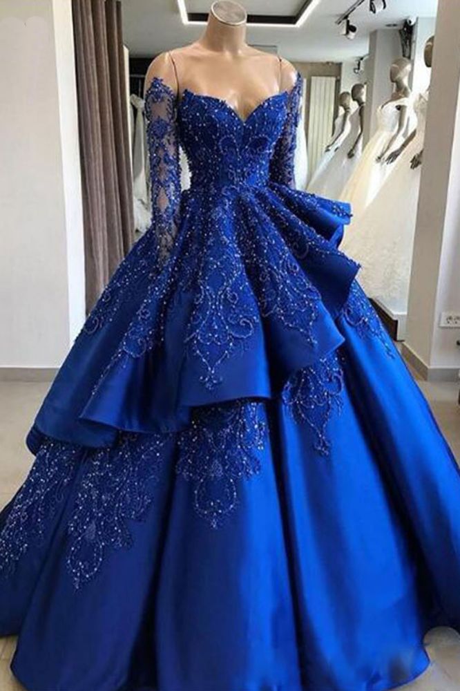 Gorgeous Royal Blue Lace Ruffled Prom Party Gowns| Strapless Sweetheart Beads Quinceanera Dresses