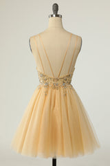 Gorgeous Yellow Homecoming Dresses A Line Spaghetti Straps Short Prom Dresses with Beading