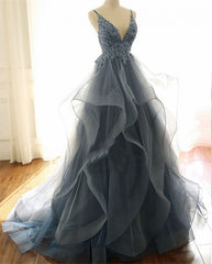 Gray Evening Dresses Tulle V-neck Ruffles Long Spaghetti Lace Beading Prom Party Gowns