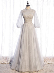 Gray Tulle Long Sleeve Sequins Beading Prom Dress