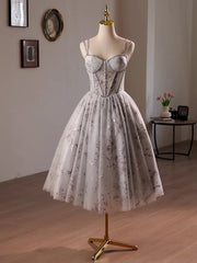 Gray Tulle Sequins Straps Homecoming Dress