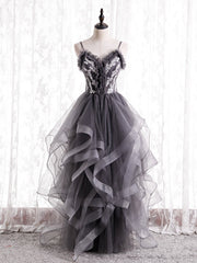 Gray Tulle Spaghetti Straps Appliques Prom Dress