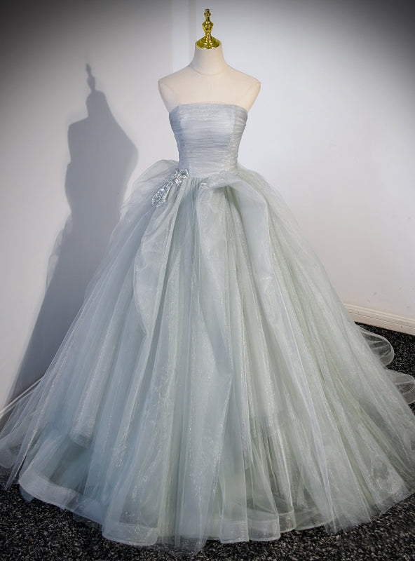 Gray Tulle Strapless Pleats Prom Dress