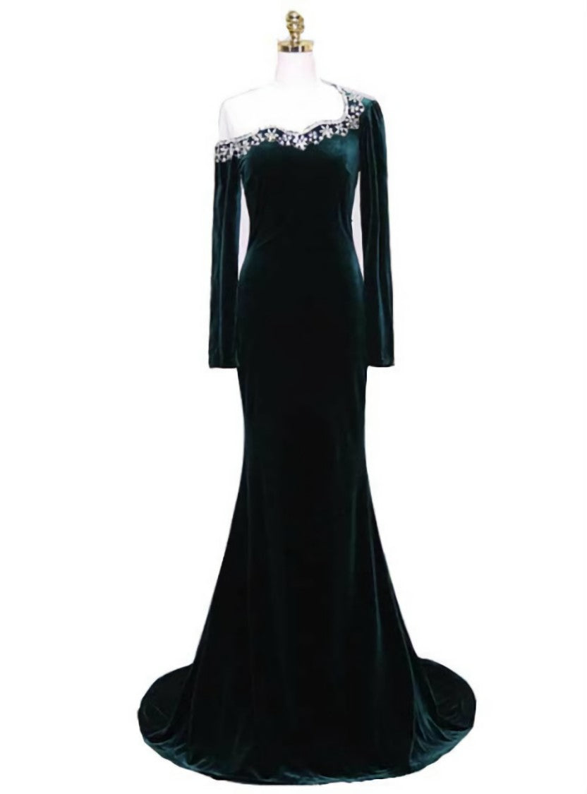 Green Mermaid Long Sleeve Velvet Prom Dress With Crystal