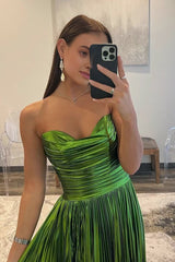 Green Metallic Strapless Pleated A-Line Long Prom Dresses