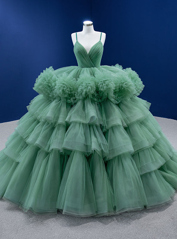 Green Princess Tiers Apghetti Straps Prom Dress