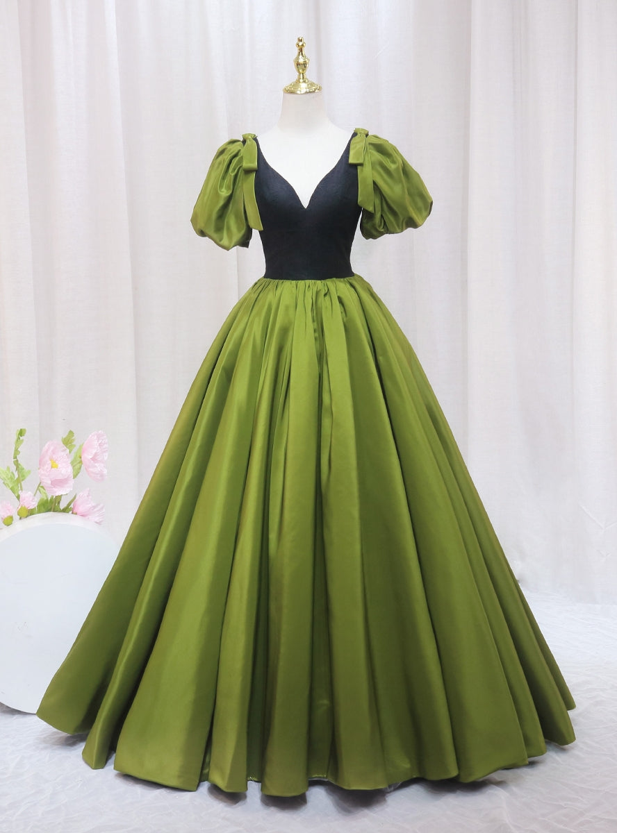 Green Puff Sleeve Satin V-neck Prom Dress