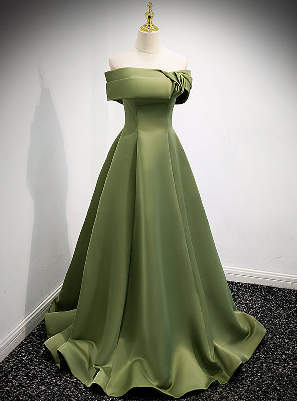 Green Satin Off the Shoulder Prom Dress