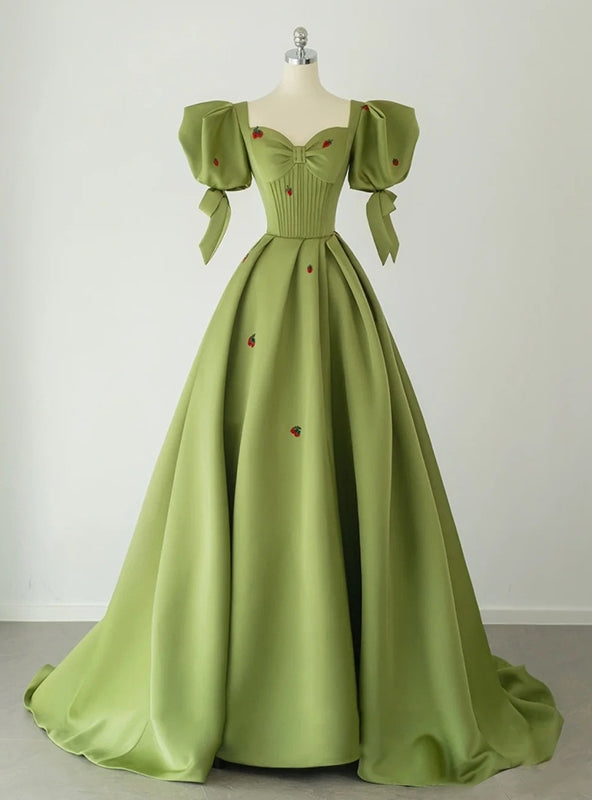 Green Satin Puff Sleeve Square Prom Dress