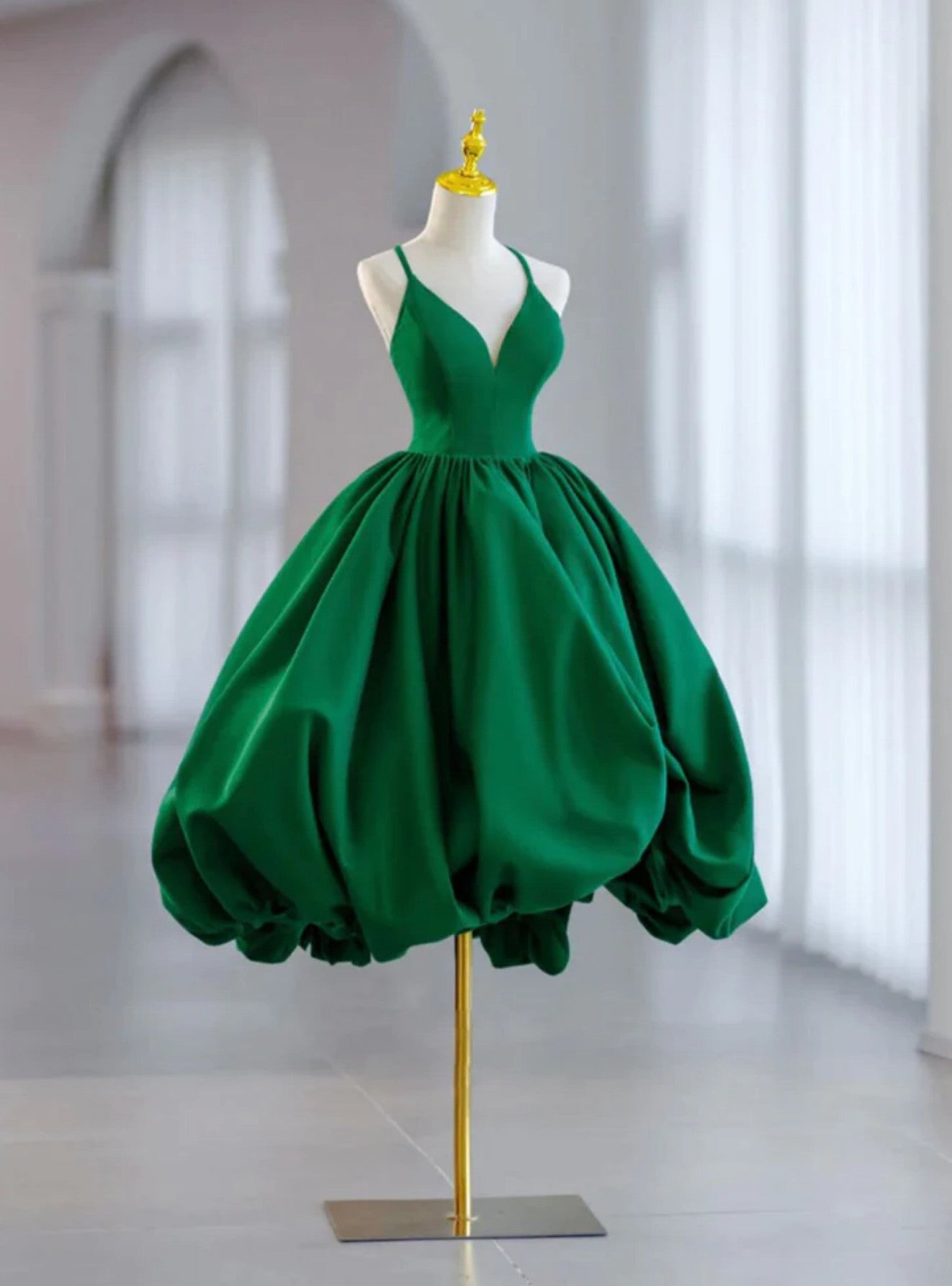 Green Satin Spaghetti Straps Short Prom Dress