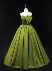 Green Satin Strapless Bow Prom Dress