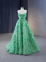 Green Spaghetti Straps 3D Flower prom Dress