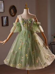 Green Tulle Embroidery Straps Short Homecoming Dress