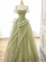 Green Tulle Off the Shoulder Beading Lace Prom Dress