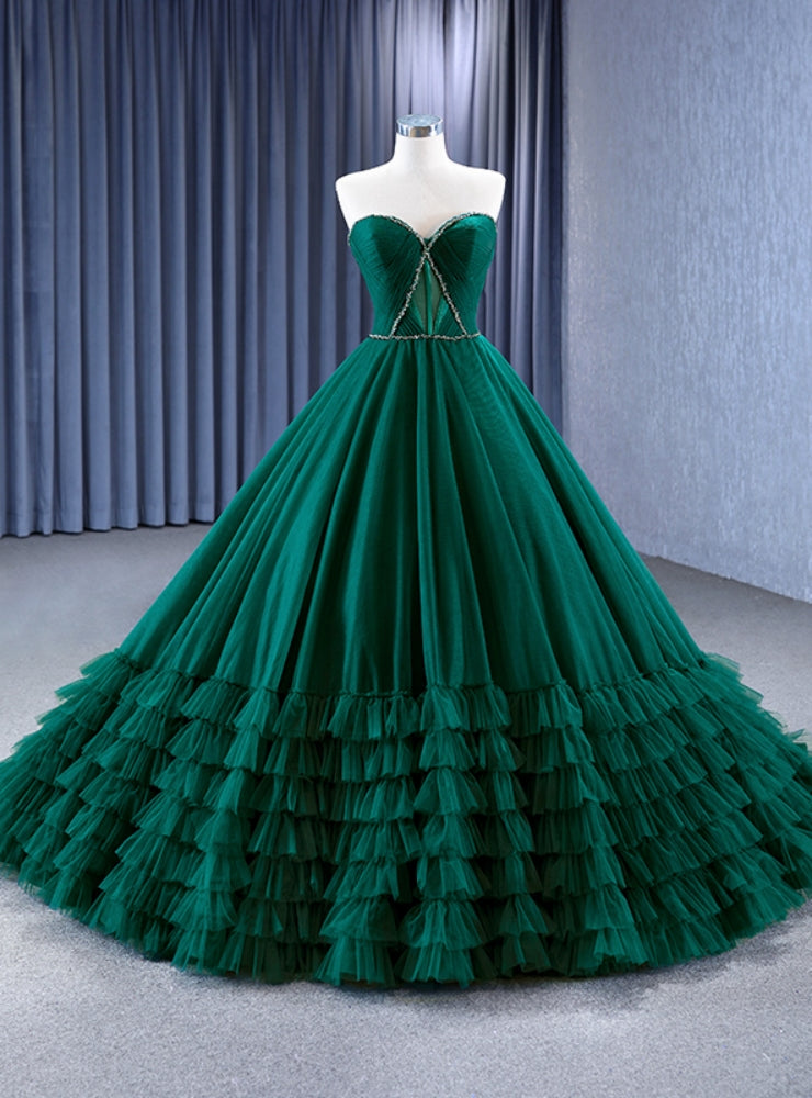 Green Tulle Sweetheart Pleats Beading Prom Dress