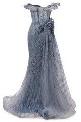 Grey Prom Dresses Mermaid Beading Tulle Off the Shoulder Women Evening Dresses