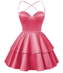 Hot Pink Satin Homecoming Dress Sweetheart Neck Tiered Short Graduation Dresses