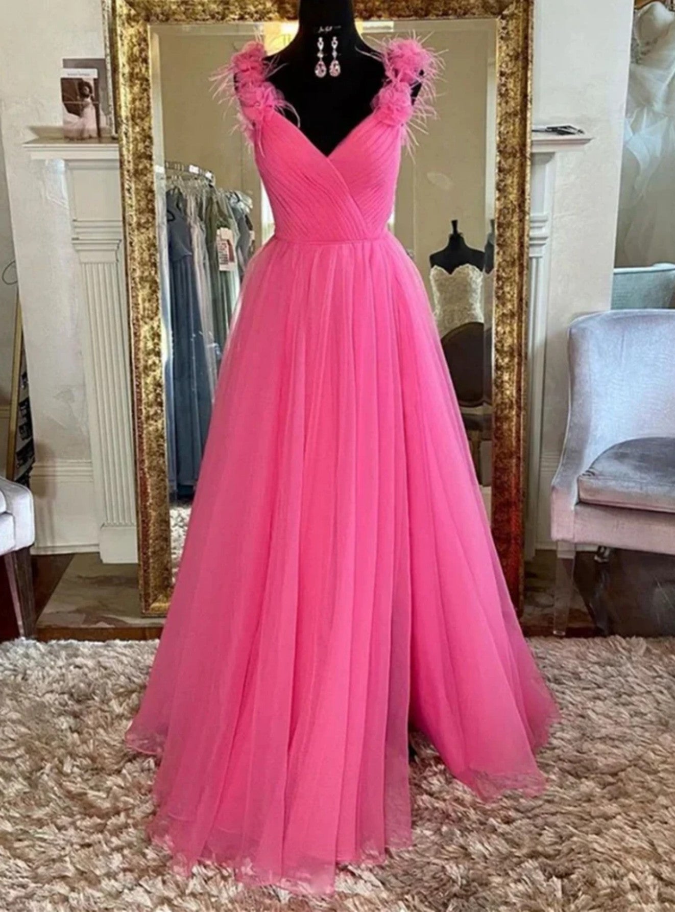 Hot Pink Tulle Pleats V-neck Prom Dress