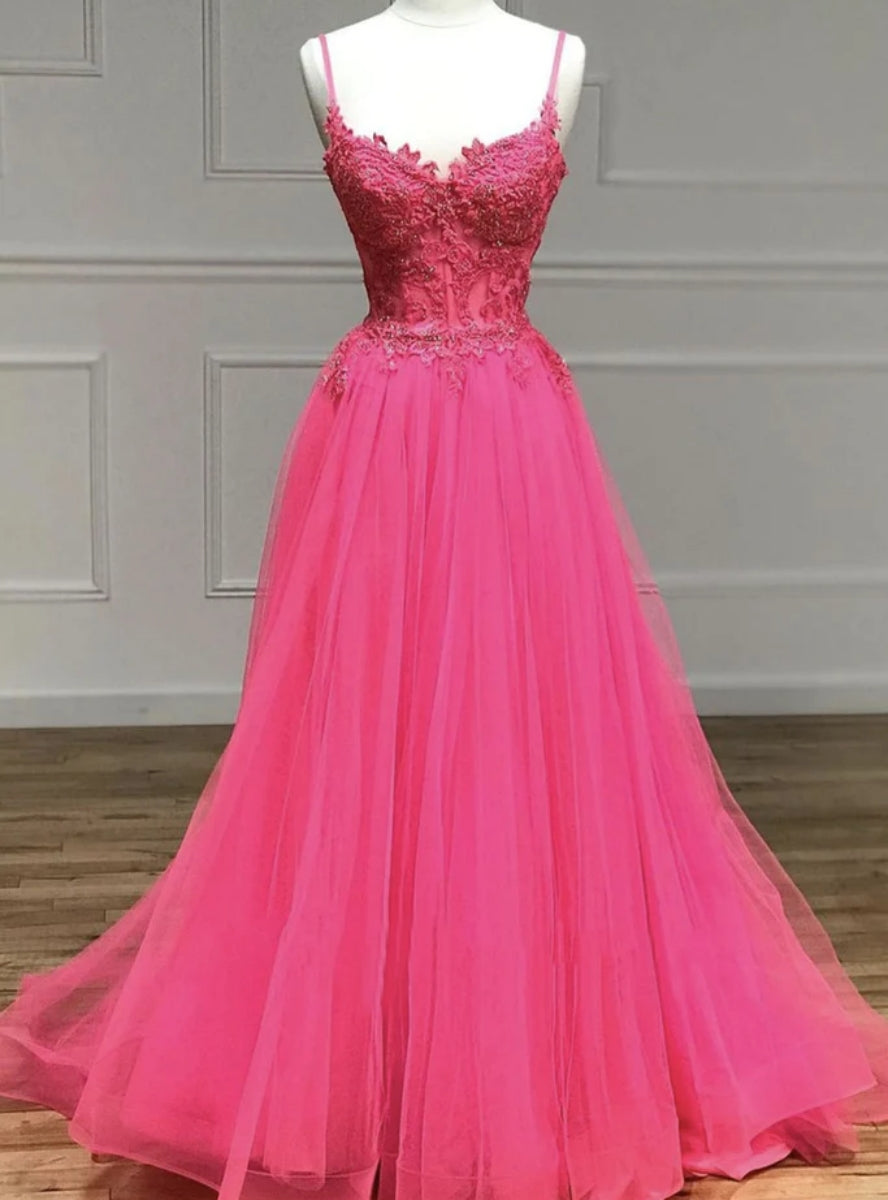 Hot Pink Tulle Spaghetti Straps Appliques Prom Dress