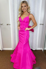 Hot Pink V-Neck Bow-Back Trumpet Long Gown