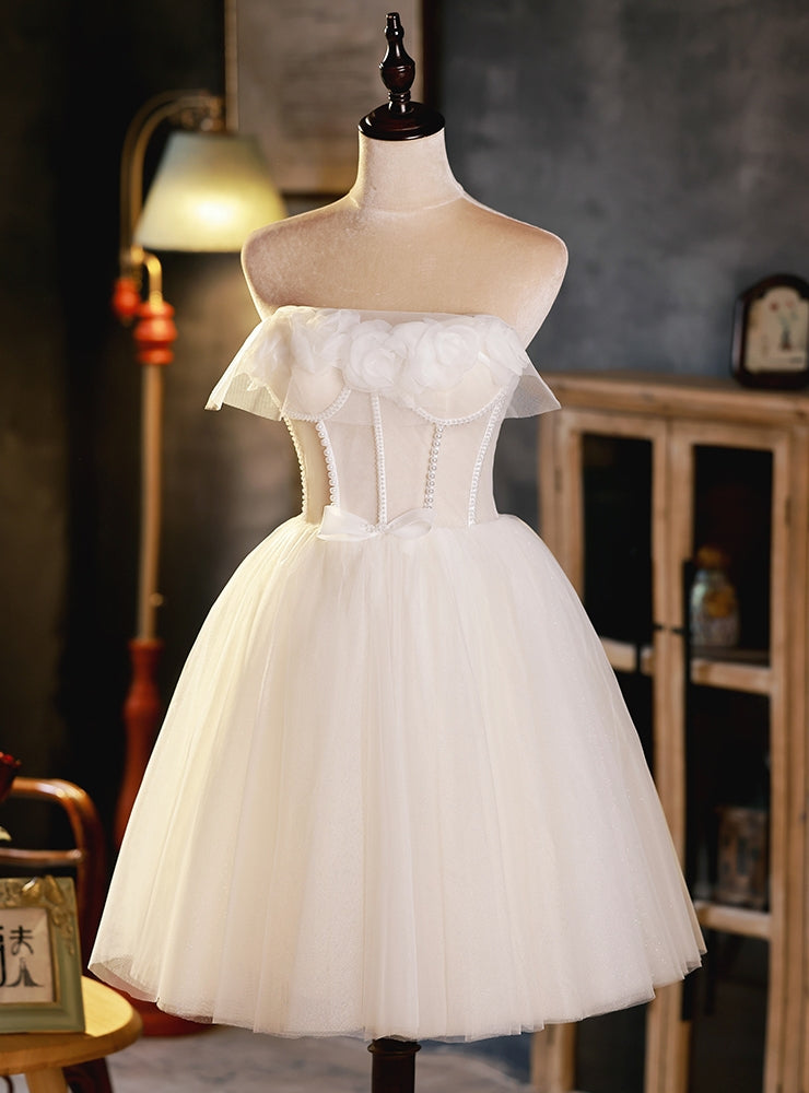 Ivory White Tulle Strapless Pearls Homecoming Dress