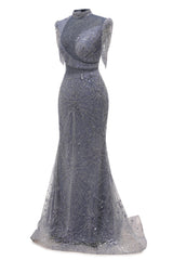 Lace Sequin Long Grey Prom Dresses High Neck Beaded Mermaid Long Evening Dresses