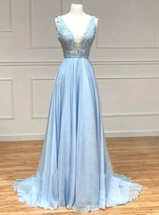 Light Blue Satin V-neck Appliques Prom Dress