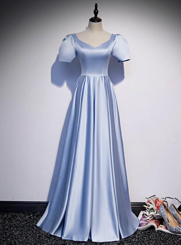 Light Blue Satin V-neck Puff Sleeve Beading Prom Dress