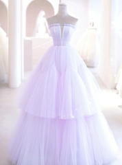 Light Purple Tulle Strapless Pleats Beading Prom Dress