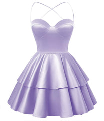 Lilac Satin Homecoming Dress Sweetheart Neck Tiered Short Graduation Dresses