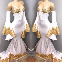 Long Sleeves Prom Party Gowns with gold appliques, mermaid evening dress