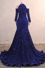 Long Sleeves Royal Blue Prom Dresses Sequin Mermaid Long Dress