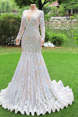 Long Sleeves Sequins Mermaid Prom Dresses Iridescent Shower Party V Neck Evening Dress Chapel Train