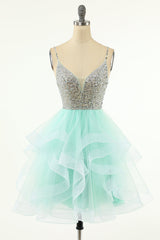 Mint Green Homecoming Dresses Straps V-Neck Multi-Layer Beaded Prom Dresses