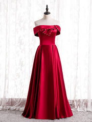 Modest Burgundy Satin Off the Shoulder Pearls Prom Dress