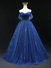 Navy Blue Tulle Off the Shoulder Pleats Prom Dress