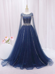 Navy Blue Tulle Sequins Beading Cap Sleeve Prom Dress