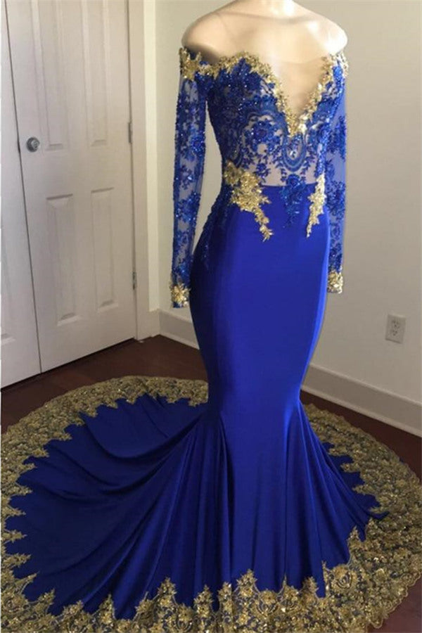 Off-the-Shoulder Royal Blue Prom Dresses Gold Lace Appliques Chic Evening Dress with Sleeve