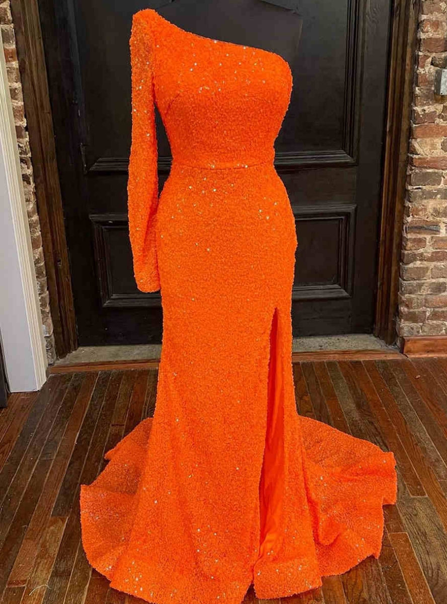 Orange Sequins Long Sleeve Split Prom Dress