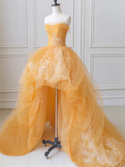 Orange Tulle Lace Strapless  Prom Dress