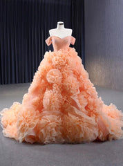 Orange Tulle Off the Shoulder Prom Dress