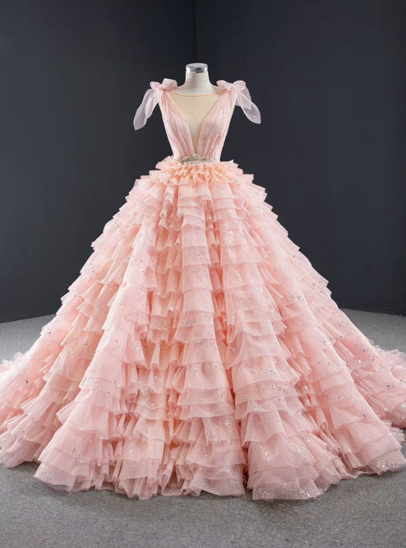 Pink Ball Gown Tulle V-neck Backless Beading Long Prom Dress