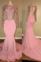 Pink Long-Sleeves Backless Beaded Mermaid Charming Prom Dresses