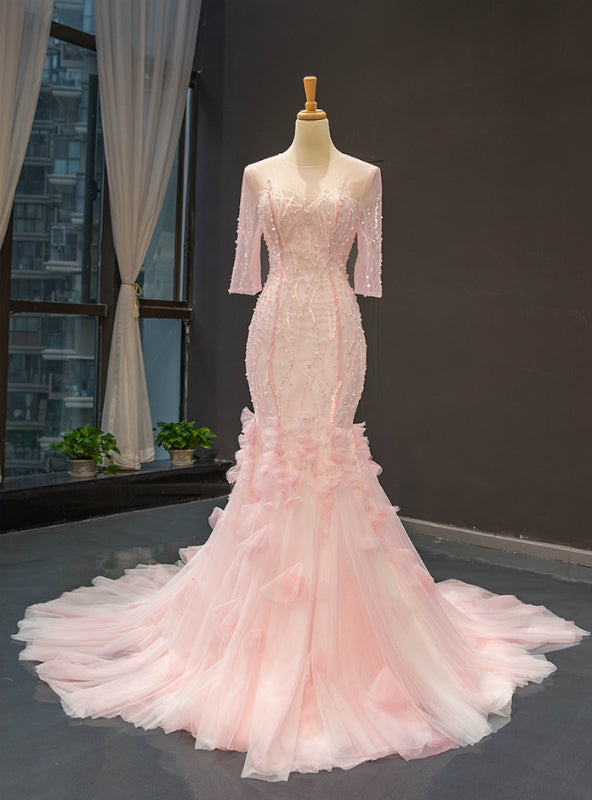 Pink Mermaid Long Sleeve Backless Beading Sequins Prom Dress