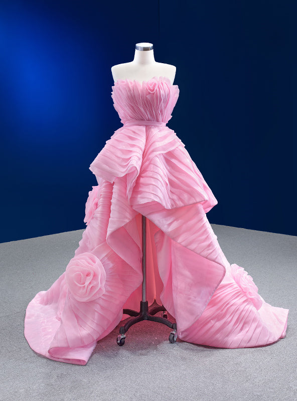 Pink Organza  Strapless Pleats Flower Prom Dress