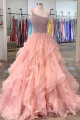 Pink Prom Dress A Line One Shoulder Long Party Evening Dress with Beading Ruffles