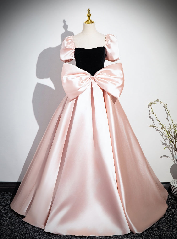 Pink Satin Puff Sleeve Bow Prom Dress