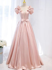 Pink Short Sleeve Bow Prom Dress