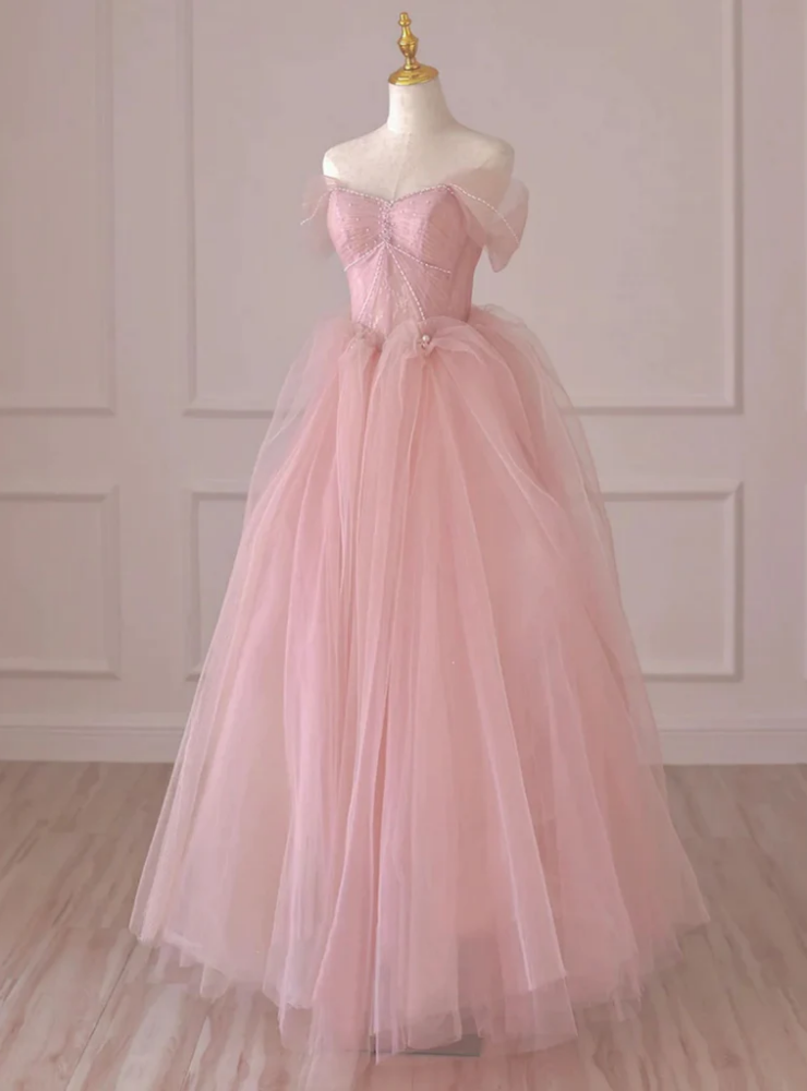 Pink Tulle Off the Shoulder Pleats Prom Dress